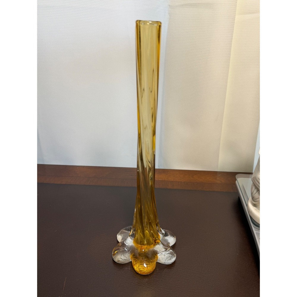 Vintage Amber Art Glass Bud Vase Twisted Stem Flower Petal Base 11 Inch MCM